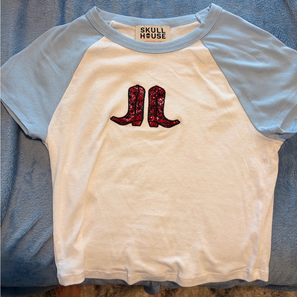 Skull House Blue and White baby teewith Red Boots Design